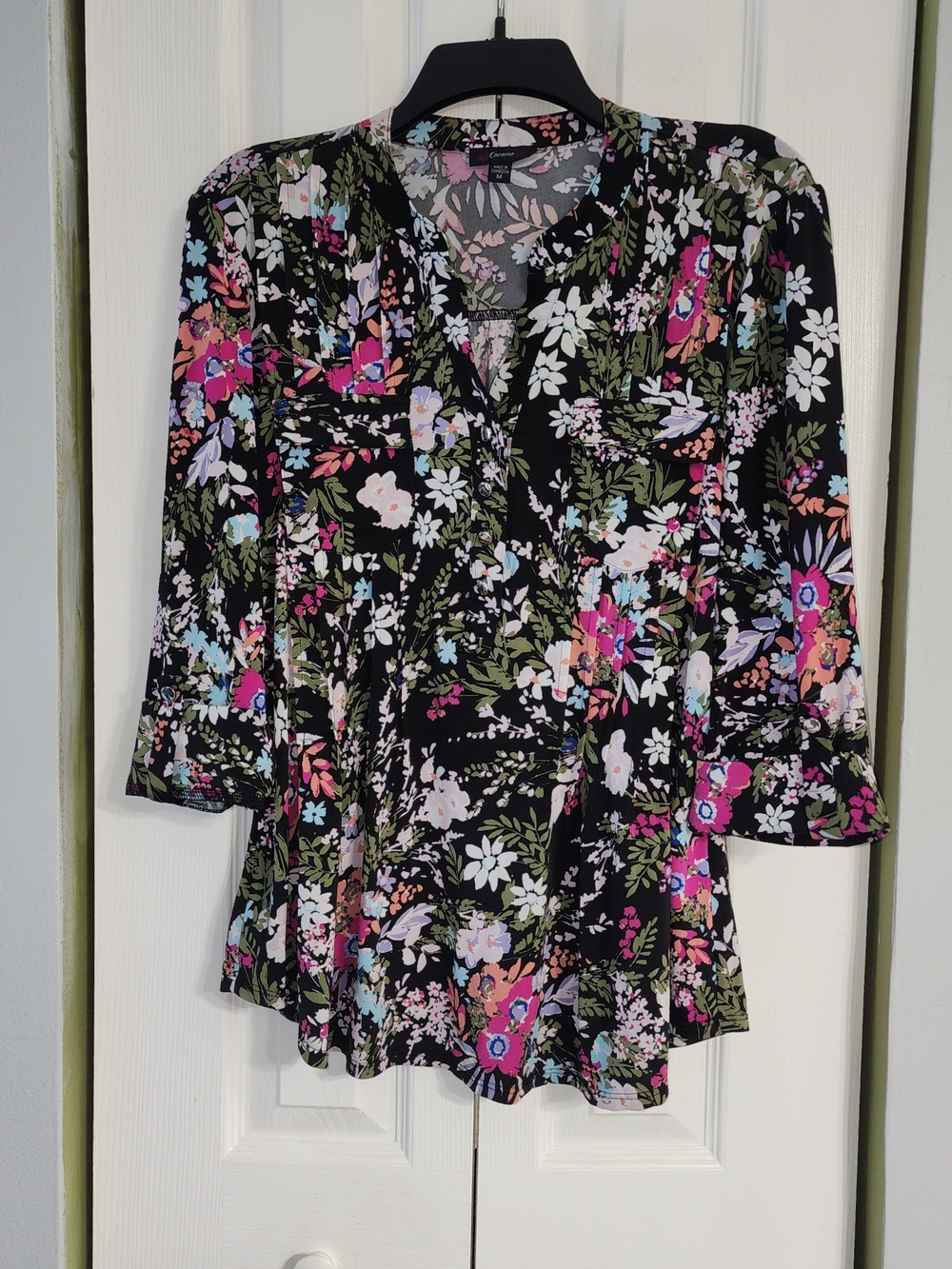 Cocomo Black Floral Split V-Neck Blouse with Pink & Green Accents
